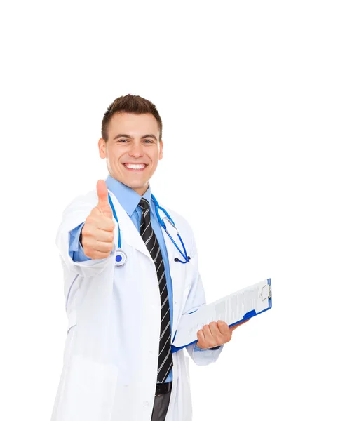 Lekarz z stetoskop trzymać rękę z kciukiem — Zdjęcie stockowe
