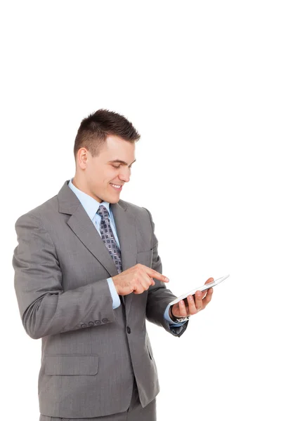 Hombre de negocios joven guapo usando tableta —  Fotos de Stock