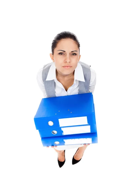 Overworked business woman holding folders — Stock Photo, Image