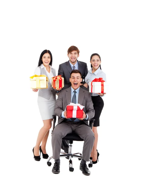 Business people group team hold gift box presents — Stock Photo, Image