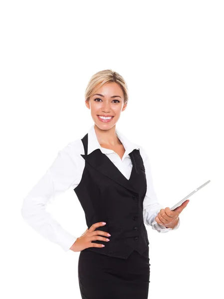 Young business woman happy smile holding tablet pad computer — Stock Photo, Image