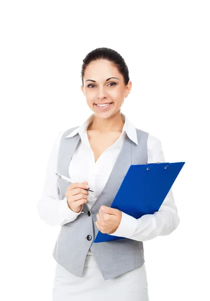 Joven mujer de negocios oliendo, sosteniendo portapapeles de carpeta azul —  Fotos de Stock