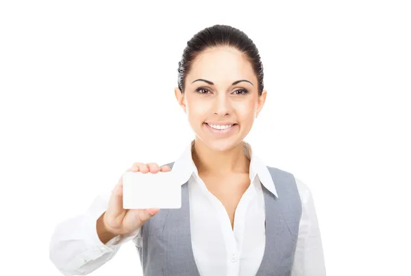 Empresária segurando cartão de visita em branco — Fotografia de Stock