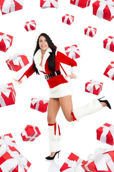 Papai Noel menina com presentes queda voar ao redor — Fotografia de Stock