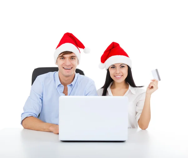 Navidad vacaciones pareja compras en línea — Foto de Stock
