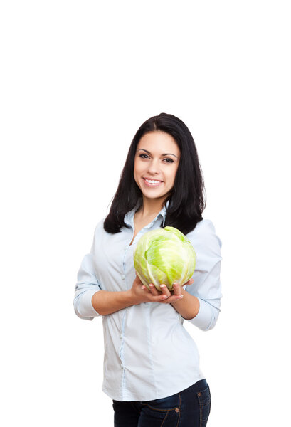 Young woman hold cabbage