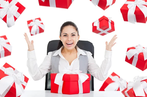 Business woman with red gift box — Stock Photo, Image