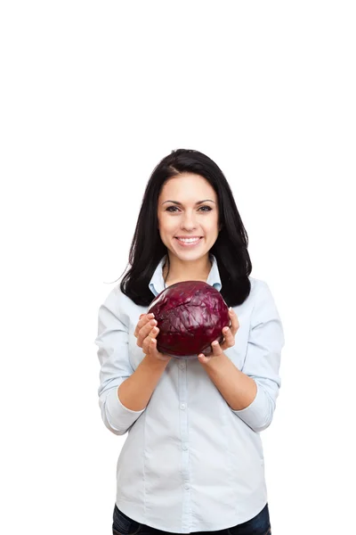 Mujer mantenga la col roja — Foto de Stock