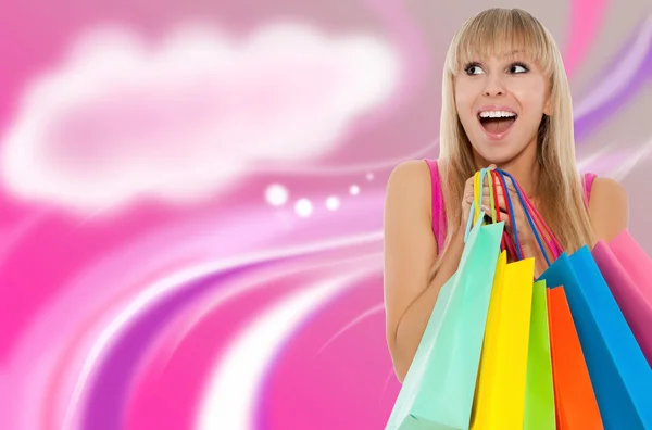 Hermosa mujer con coloridas bolsas de compras — Foto de Stock