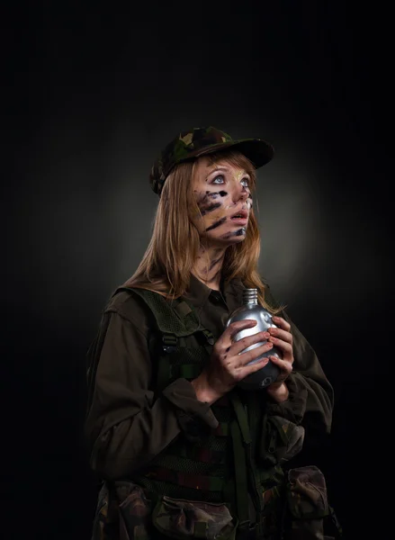 Army girl hold flask water bottle — Stock Photo, Image