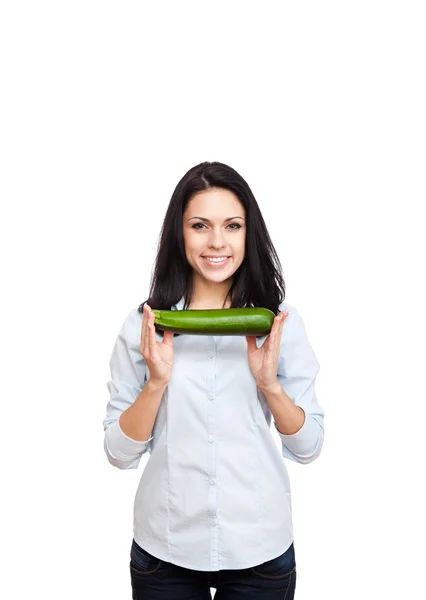 Woman hold zucchini — Stock Photo, Image