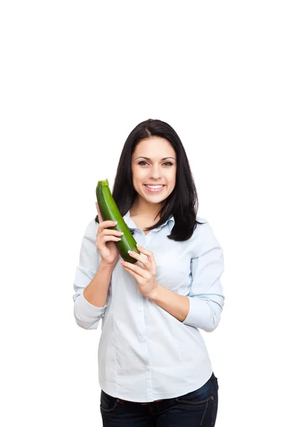 Woman hold zucchini — Stock Photo, Image