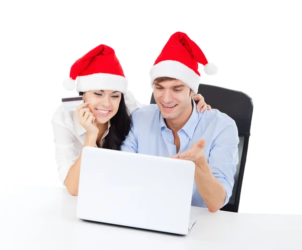 Natal casal de férias compras on-line — Fotografia de Stock