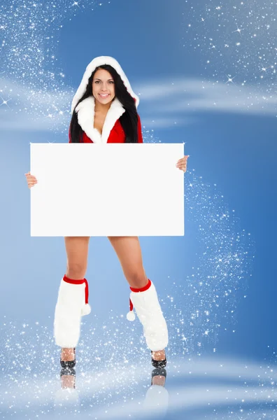 Santa girl holding blank board — Stock Photo, Image