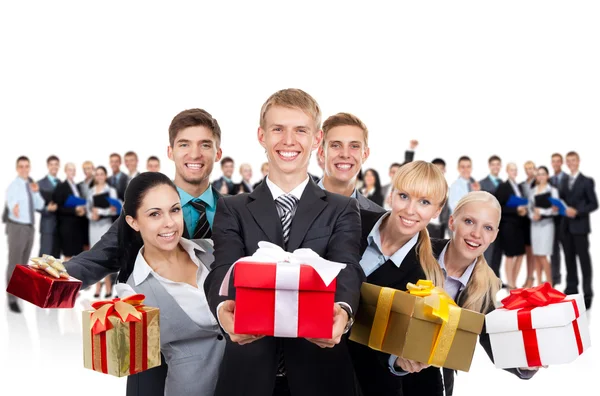 Businesspeople group holding present gift box — Stock Photo, Image