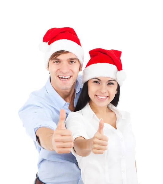 Navidad vacaciones pareja celebración pulgar hacia arriba — Foto de Stock