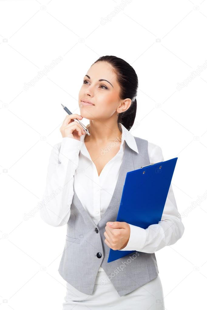 Portrait of happy smiling business woman with blue folder look up thinking