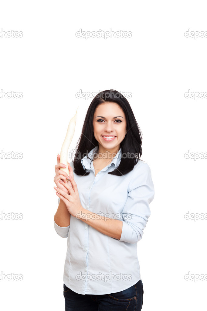 Woman hold raw daikon long radish