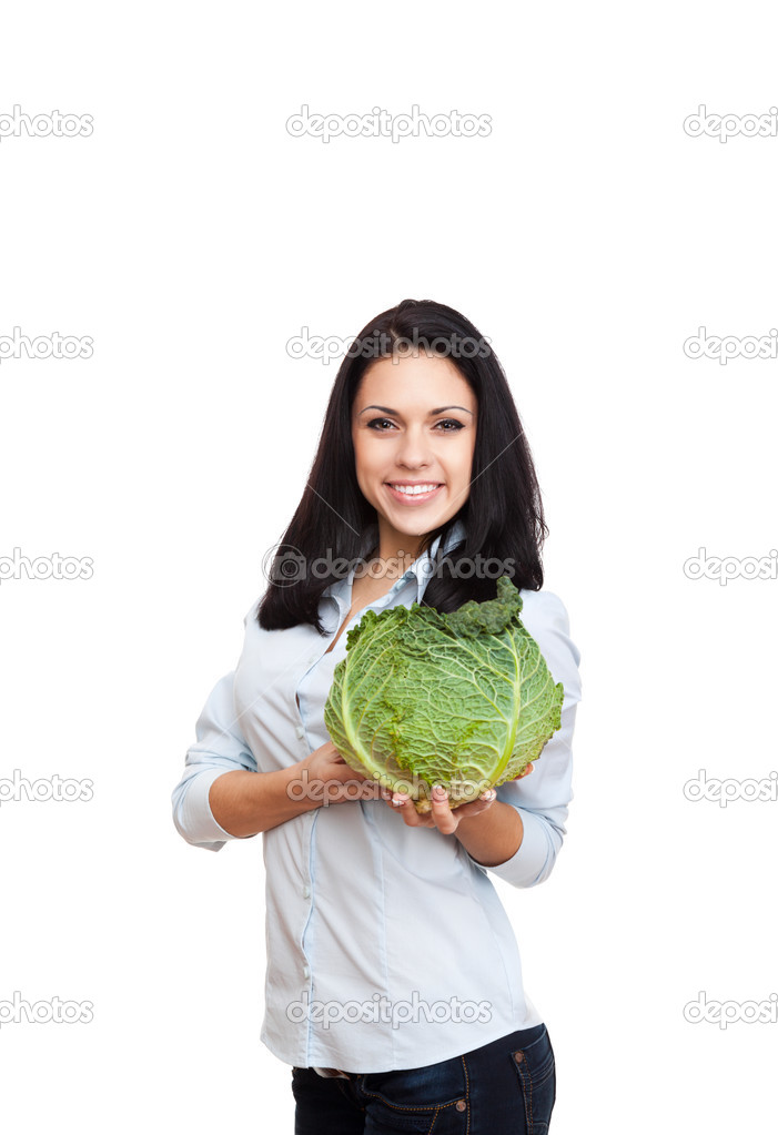 Woman hold green raw fresh cabbage