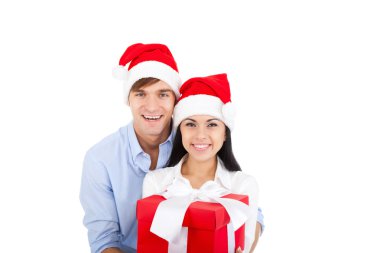 mutlu çiftimiz Noel hediyesi hediye kutusu tutun