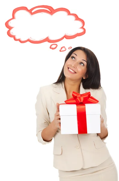 Mujer de negocios sonrisa feliz celebrar caja de regalo —  Fotos de Stock