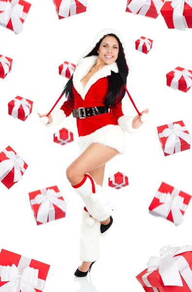 Santa chica de Navidad con regalo de año nuevo — Foto de Stock