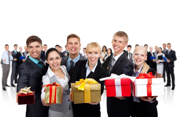 Businesspeople group holding present gift box — Stock Photo, Image