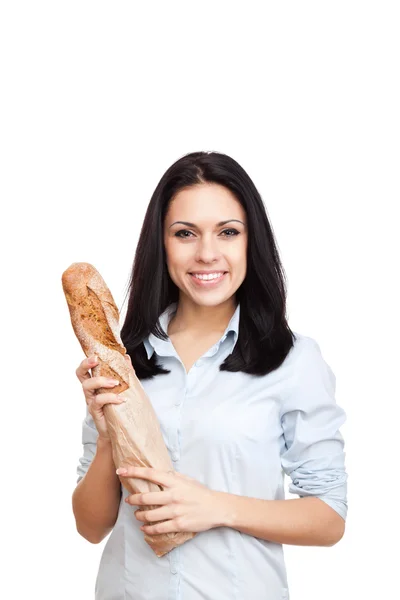 Junge Frau hält Semmelbrötchen in der Hand — Stockfoto