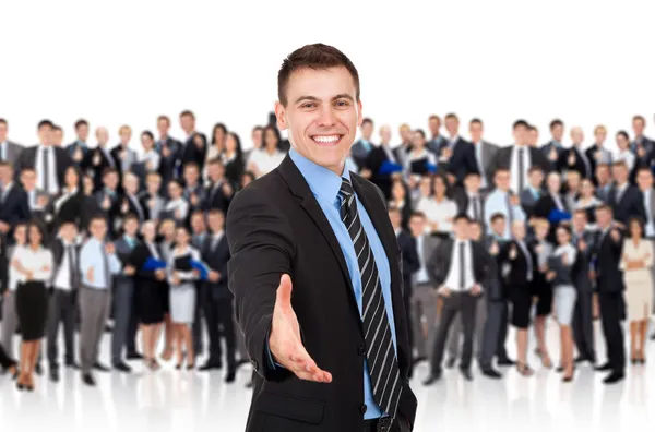 Businessman hold hand welcome gesture — Stock Photo, Image