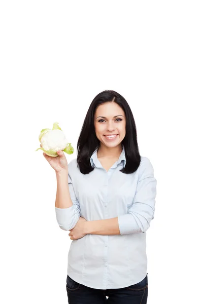 Woman hold green raw fresh cabbage — Stock Photo, Image