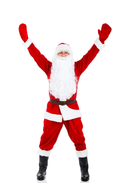 Noel Baba tutarak kollarınızı ve ellerinizi yukarı heyecanlı — Stok fotoğraf