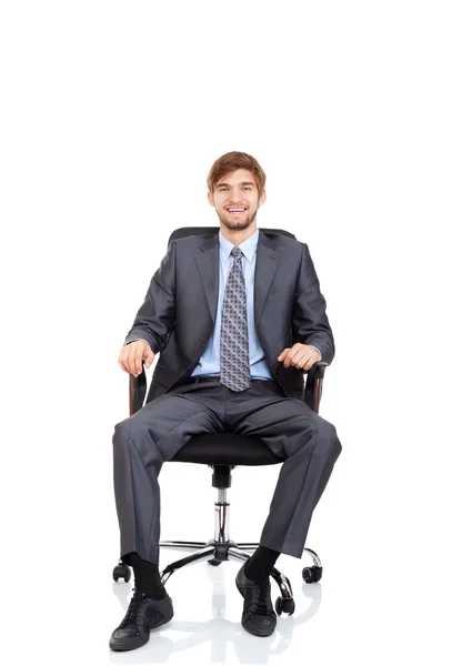 Επιχειρηματίας ευτυχισμένη χαμόγελο, κάθεται στην καρέκλα — Φωτογραφία Αρχείου
