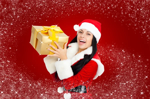 Natal santa menina segurar caixa de presente presente — Fotografia de Stock