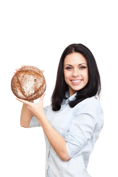 Young woman hold loaf of Bread Roll bun — Stock Photo, Image