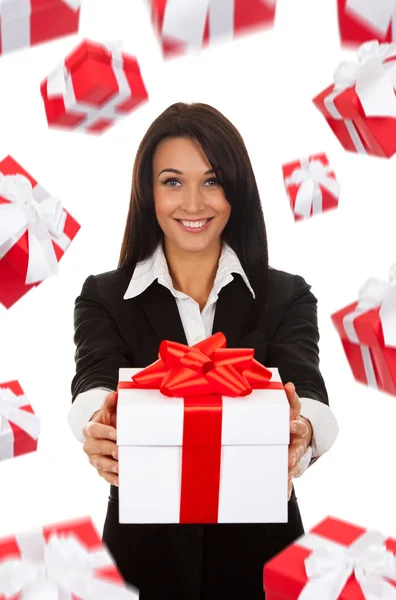 Business woman happy smile hold gift box Royalty Free Stock Images