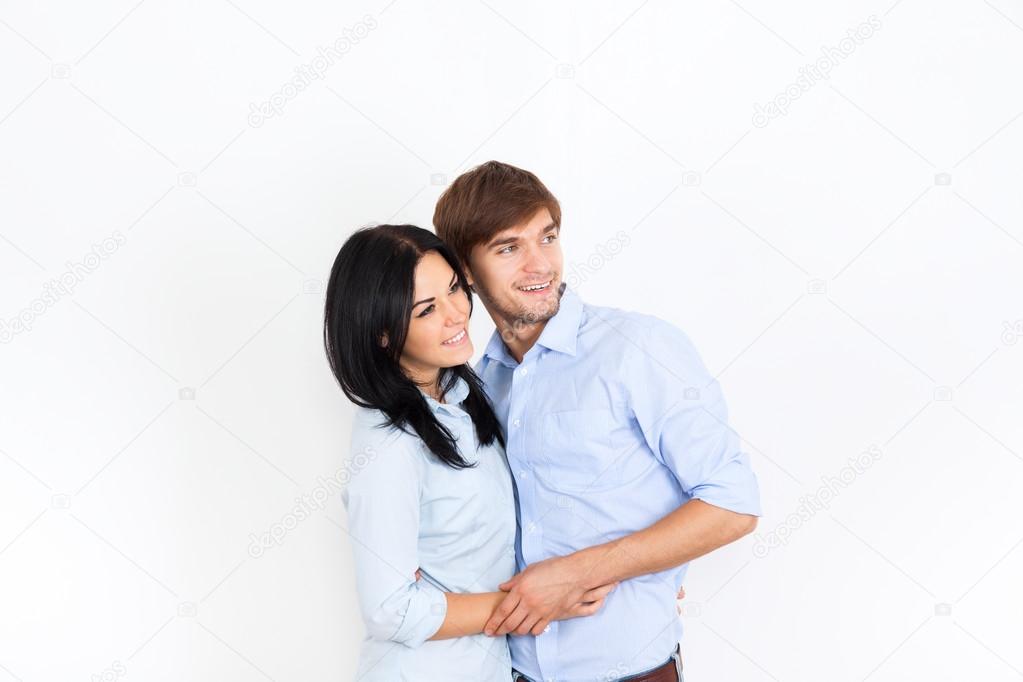 Couple look side empty copy space