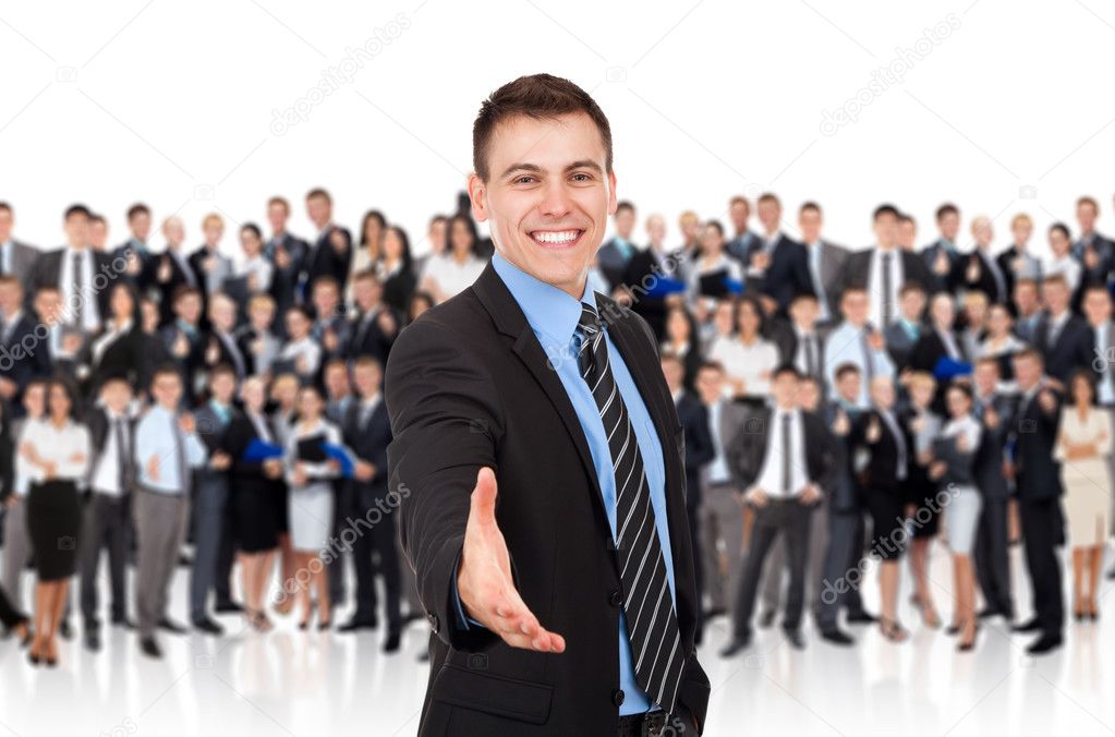 Businessman hold hand welcome gesture