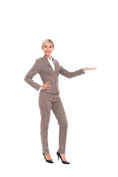 Businesswoman smile hold open palm with empty copy space — Stock Photo, Image