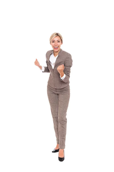 Business woman excited hold hands up — Stock Photo, Image