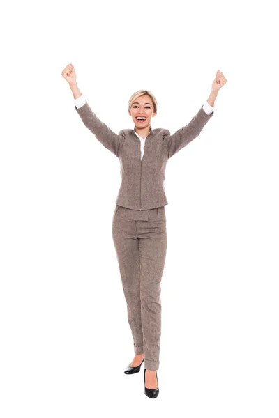 Business woman excited hold hands up — Stock Photo, Image