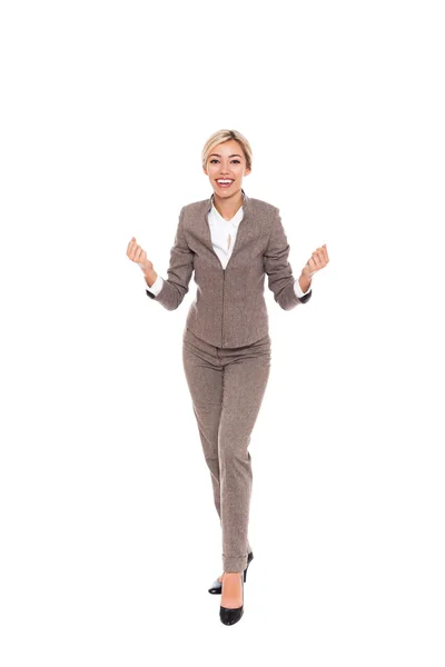 Affärskvinna glada hålla händerna upp — Stockfoto