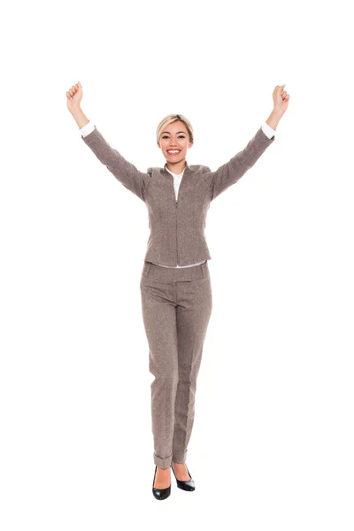 Business woman excited hold hands up — Stock Photo, Image