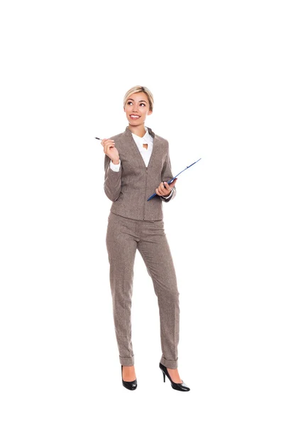 Retrato completo de una mujer de negocios feliz con carpeta e idea —  Fotos de Stock