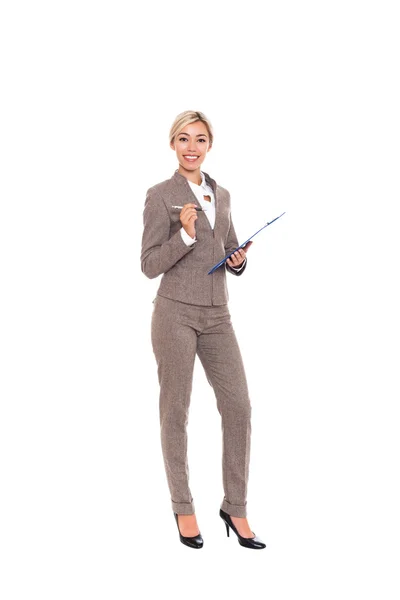 Full length portrait of a happy business woman with folder — Stock Photo, Image