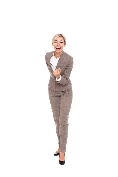 Business woman excited hold hands up — Stock Photo, Image