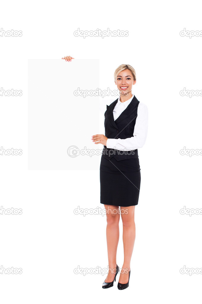 Businesswoman holding a blank white card board