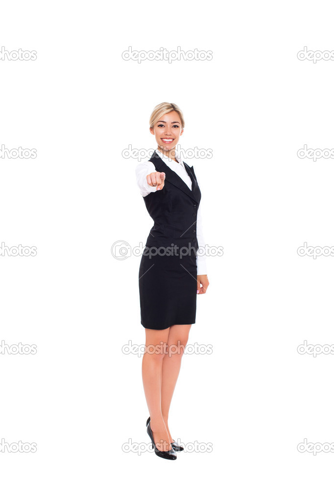 Businesswoman smile pointing to you