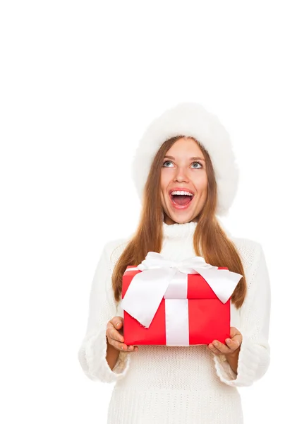 Winter girl happy smile holding present — Stock Photo, Image