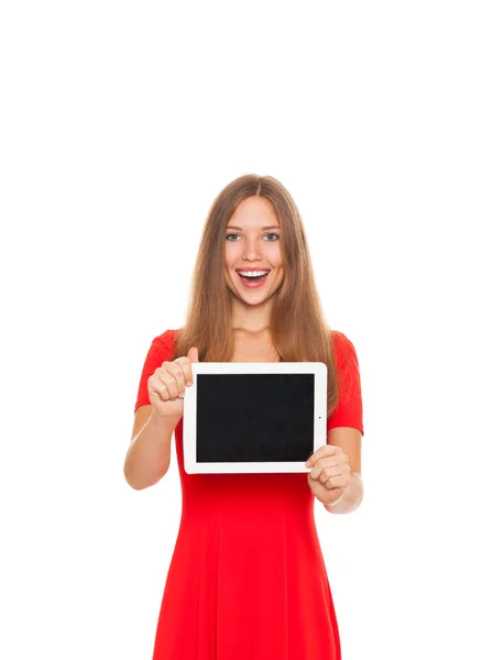 Mujer bonita con sonrisa feliz celebración tableta — Foto de Stock