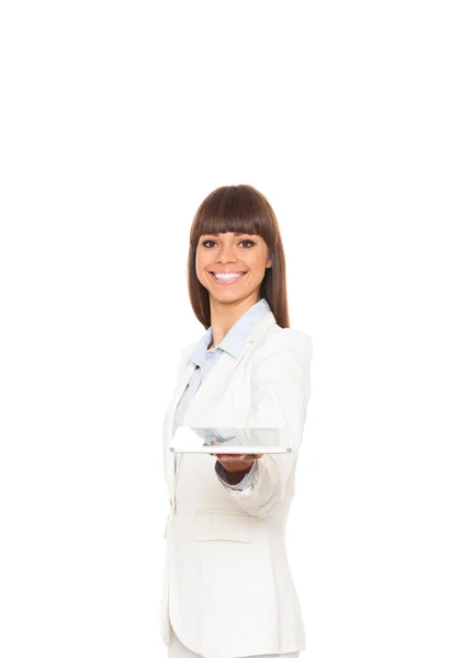 Business woman hold tablet pad computer — Stock Photo, Image